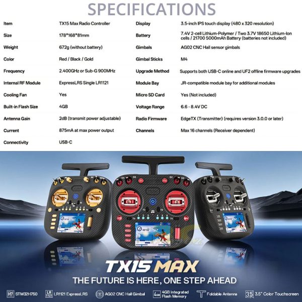 Radiomaster TX15 MAX Radio Controller AG02 CNC Hall Gimbals ExpressLRS 16CH 3.5inch Color Touchscreen (Mode 2) TX15-MAX
