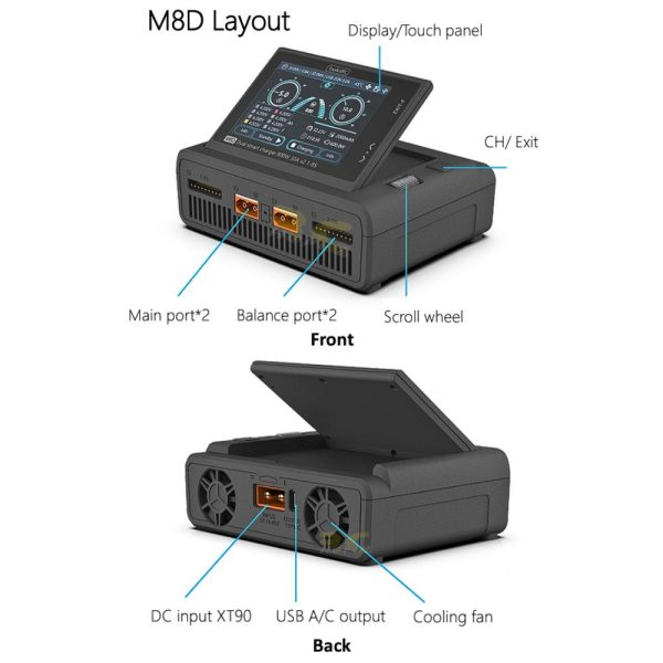 ToolkitRC M8D 1600W 50A Touchscreen Dual Ch Charger + ADP750 Power Supply Adapter 750W for 1-8S Lipo LiHV LiFe NiMh M8D