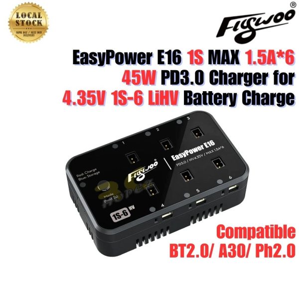 0a825ea6b479119c859779c19fbf289d.jpeg Flywoo Charger E16 EasyPower 1S MAX 1.5A*6 45W PD3.0 for 4.35V 4.2V LiHV Lipo BT2.0 PH2.0 A30 Battery FW-E16