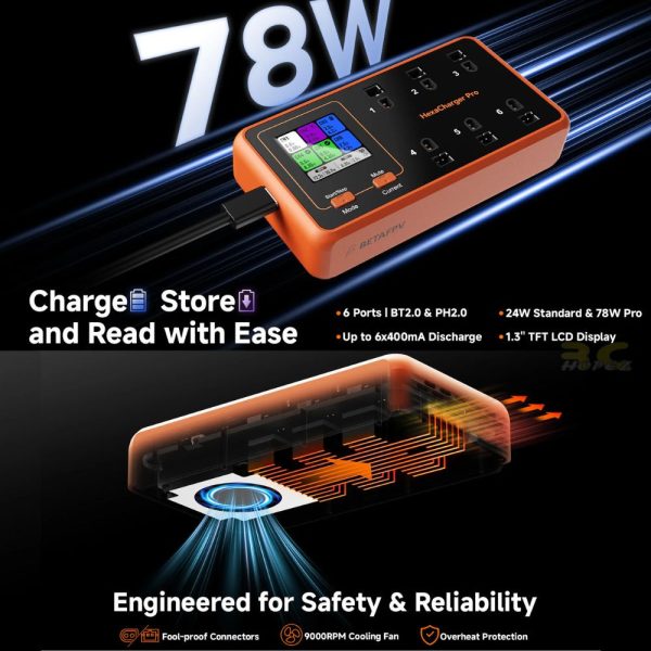 BetaFPV Charger 1S BT2.0 PH2.0 A30 HexaCharger Pro 78W & HexaCharger 24W 6 Ports LiPo LIHV Charger Discharger Storage