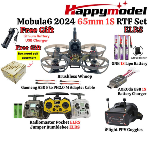 Happymodel Mobula6 2024 65mm 1S SuperX ELRS V3.0 5-IN-1 AIO Whoop + RadioMaster Pocket/Jumper Bumblebee BNF ELRS