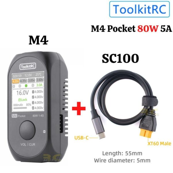 ToolkitRC M4 Pocket 80W 5A 1-4S Compact Balance Charger w/Built-In USB-C Input/Output for Lipo LiHV LiFe/SC100(Optional)