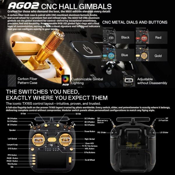 Radiomaster TX16S MK3 MAX Radio Controller AG02 CNC Hall Gimbals 16CH 5Inch IPS Touchscreen ELRS/Mode 2 (4GB Batch)
