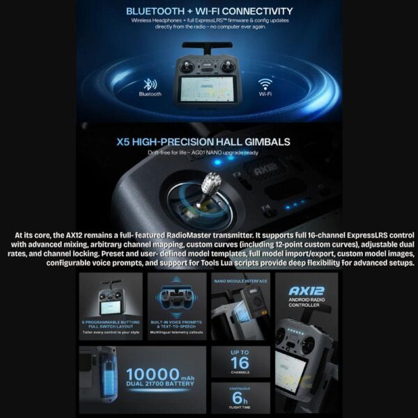 Radiomaster AX12 Android Radio Controller ELRS Dual Band X5 Hall Gimbals 16CH 5.5inch HD Touchscreen (Mode 2)