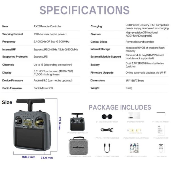 Radiomaster AX12 Android Radio Controller ELRS Dual Band X5 Hall Gimbals 16CH 5.5inch HD Touchscreen (Mode 2)