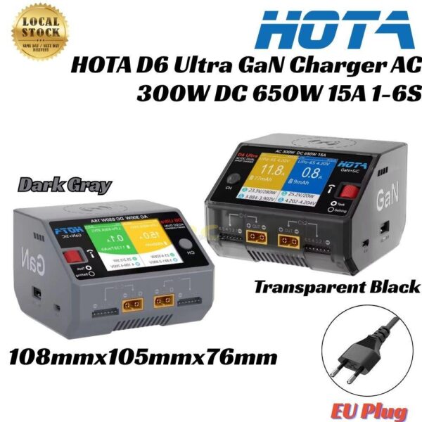 b7c6e571d35e1b9f58618f19dab9485a.jpeg HOTA D6 Ultra GaN Charger AC 300W DC 650W 15A 1-6S Dual Channel Charger Wireless Charging For Battery RC Model (EU Plug)