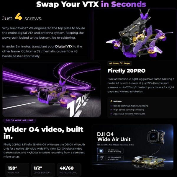 ec54ff1bed27f9106fdf63579ca2425c.jpeg Flywoo Firefly 20PRO 4S DJI O4 / O4 Wide / WTFPV Without Camera VTX 2 Inch PNP/ELRS 2.4G Micro Freestyle FPV Drone Firefly20-O4