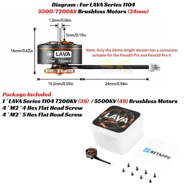 BetaFPV LAVA Series 1104 5500/7200KV 3S/4S Brushless Motor Wire Length 24mm 1.5mm Shaft For Pavo20Pro II Brushless Whoop