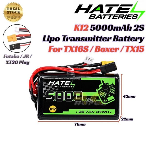 HATE K12 5000mah 2S 8C 7.4V Lipo Transmitter Battery with XT30 JR Futaba Plug For Boxer TX16S TX15 HT5000/8-2S3