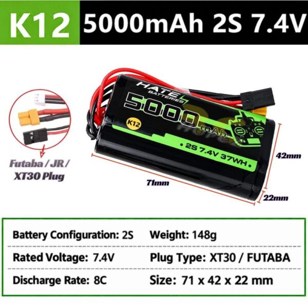 HATE K12 5000mah 2S 8C 7.4V Lipo Transmitter Battery with XT30 JR Futaba Plug For Boxer TX16S TX15 HT5000/8-2S3