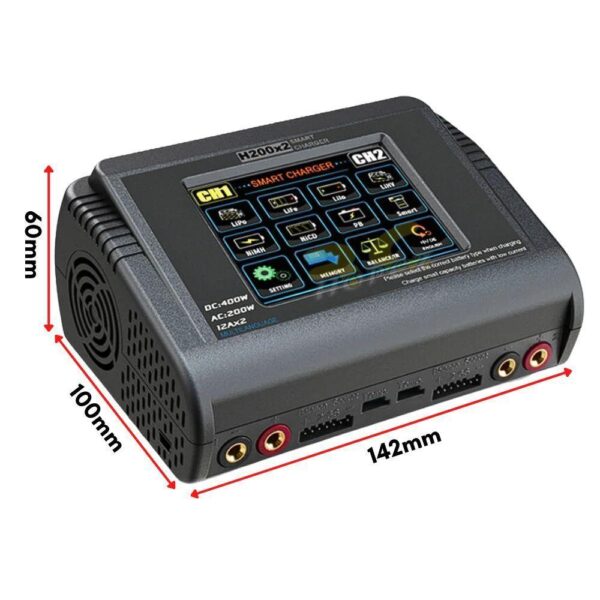 573b06fd900ab14be895b4fecf6d7aef.jpeg HTRC H200x2 T400 200W 12A AC/DC 1-6S Touch Screen Dual Channel Balance Charger Discharger for Lipo LiHV LiFe Lion NiMh