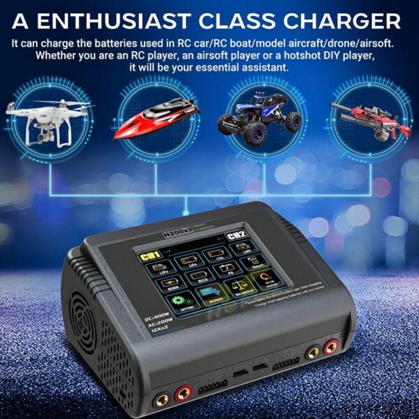6f3bd0be9f675900d7a4c4085663a760.jpeg HTRC H200x2 T400 200W 12A AC/DC 1-6S Touch Screen Dual Channel Balance Charger Discharger for Lipo LiHV LiFe Lion NiMh