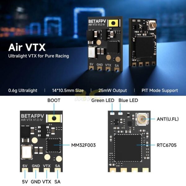 a21994dc43fe7ac37f7619aa62c1ec65.jpeg BetaFPV Air VTX 5.8G 25mW 48CH Ultralight 0.6g 14x10.5mm Compatible With Matrix 1S 4IN1 FC Micro Drone Part BT-Air VTX
