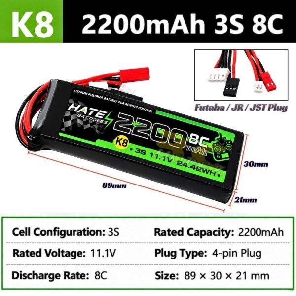 HATE K8 2200mAh 3S 8C 11.1V Lipo Transmitter Battery For RadioLink AT9 AT10 Futaba 10C With Futaba JR JST Plug