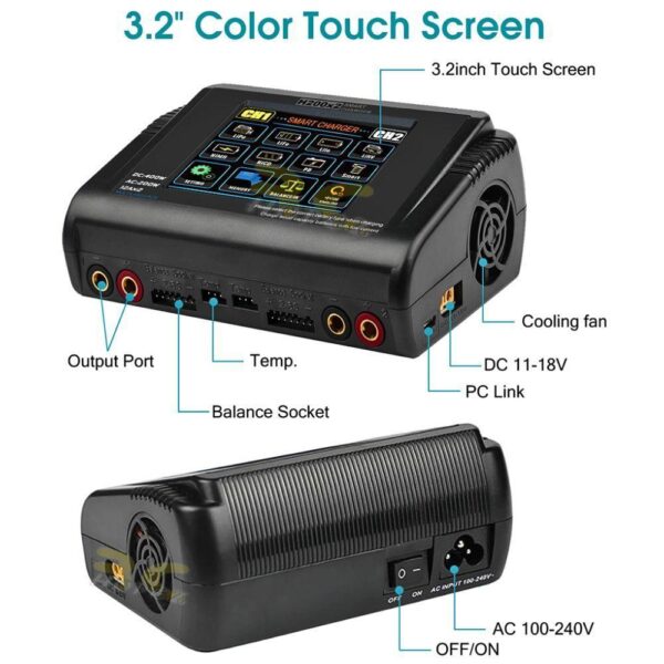 b34521a54f154fd06dbf10b250cdcad9.jpeg HTRC H200x2 T400 200W 12A AC/DC 1-6S Touch Screen Dual Channel Balance Charger Discharger for Lipo LiHV LiFe Lion NiMh