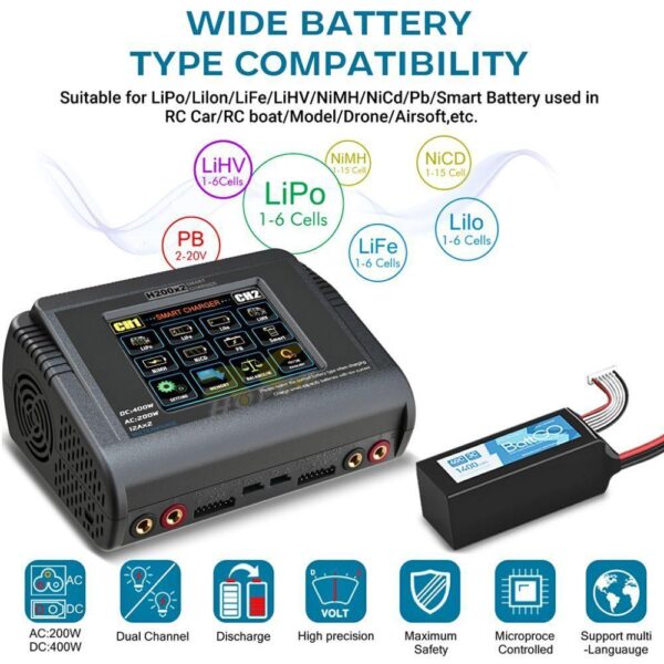 d945018b2991f2d3397d2977f29d4506.jpeg HTRC H200x2 T400 200W 12A AC/DC 1-6S Touch Screen Dual Channel Balance Charger Discharger for Lipo LiHV LiFe Lion NiMh