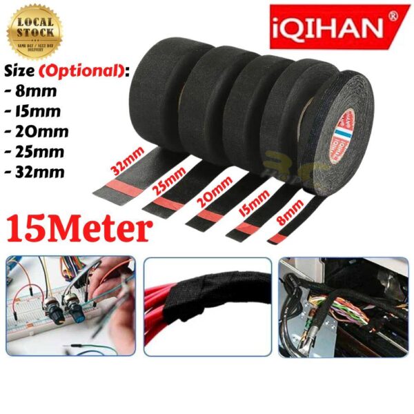 IQIHAN 15m Heat-resistant Adhesive Cloth Automotive Wiring Harness Wire Tape Car Heat Sound Isolation Soundproof BG-Tape